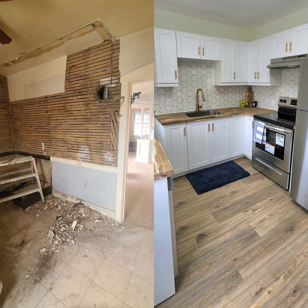 before and after photo of a remodelled kitchen